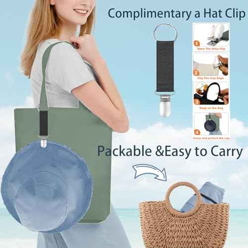 Womens Sun Hats Wide Brim Reversible Bucket Cotton Hat Packable Summer Travel Cap with Hat Clip