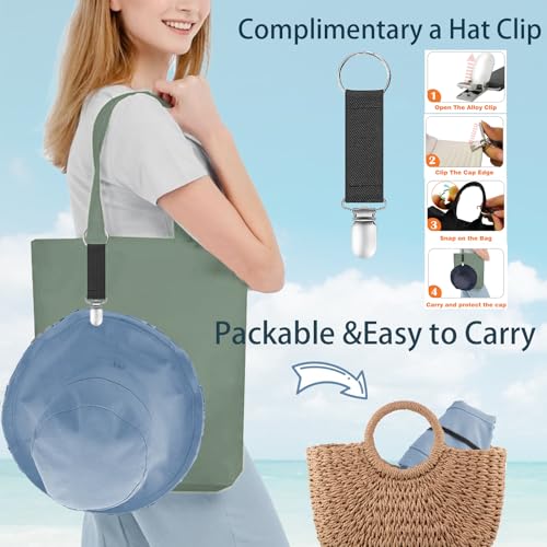 Womens Sun Hats Wide Brim Reversible Bucket Cotton Hat Packable Summer Travel Cap with Hat Clip