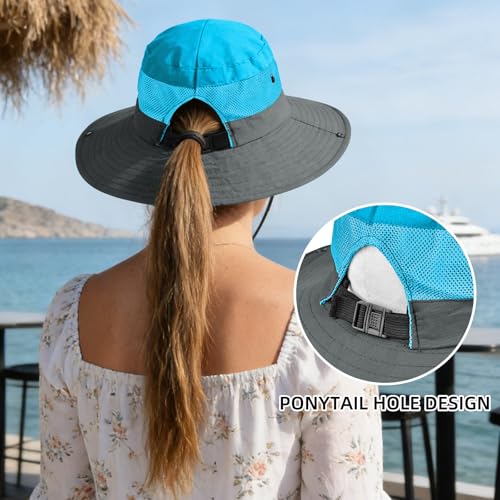 Ponytail Sun Bucket Hats for Women UV Protection Foldable Wide Brim