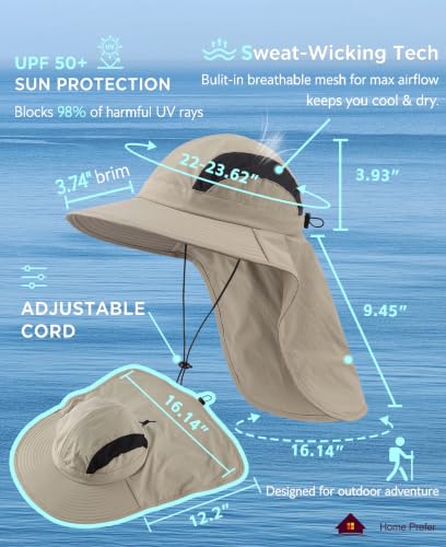 UPF 50+ Wide Brim Sun Hat with Neck Flap for Men Women UV Protection Bucket Hat for Fishing Gardening Hiking Beach Safari Vert Khaki