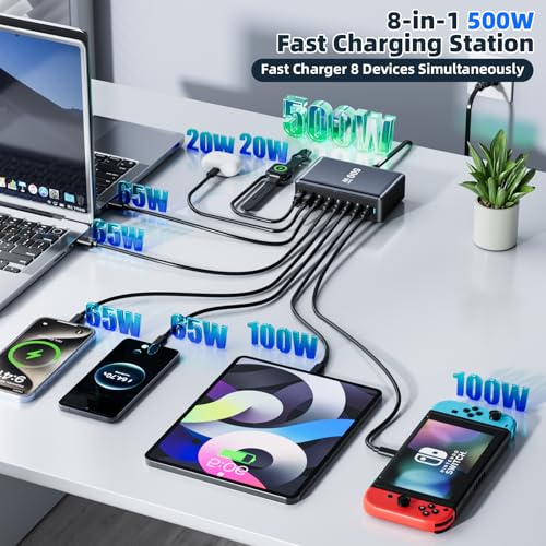 500W Fast Charging 8 Port USB C Charger Block with Nylon Fast Charging Cable