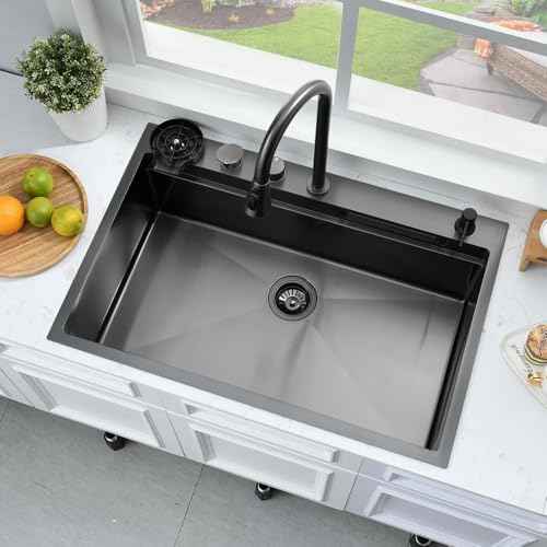 33x22 Black Waterfall Drop In Kitchen Sink with Fuacet Combo