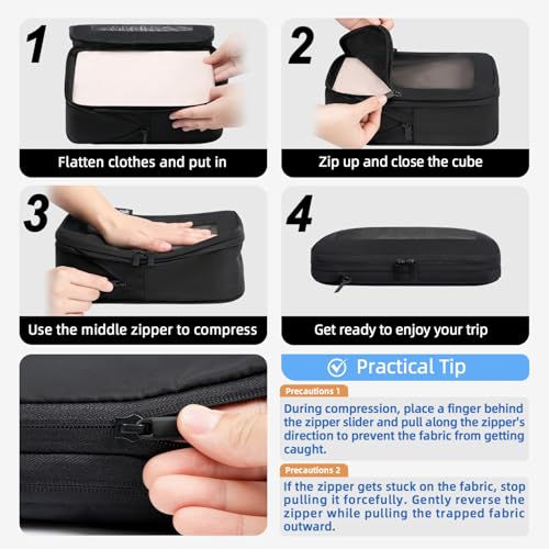 4 Set/6 Set/8 Set Compression Packing Cubes Travel Accessories Expandable Packing Organizers (Square Mesh, 05-Jet Black)