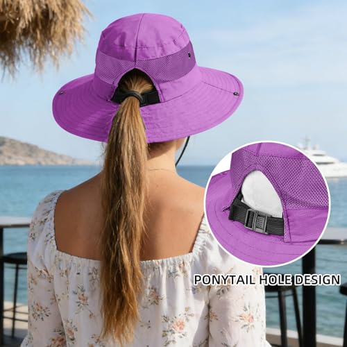 Ponytail Sun Bucket Hats for Women UV Protection Foldable Wide Brim