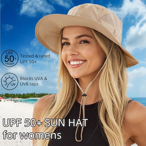 Womens Outdoor Mesh Boonie Sun Hat Summer Wide Brim UV Protection Fishing Hat Safari Cap Khaki