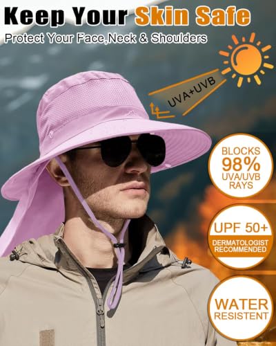 Outdoor Sun Hats with Stowable Neck Flap for Men Women UPF 50+ Mesh Summer Bucket Hat Wide Brim for Fishing Safari Hiking Purple