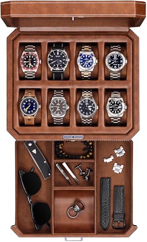 8 Slot Leather Watch Box with Valet Drawer
