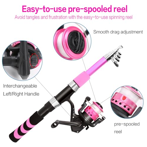 Kids Fishing Rod and Reel Combo Push Button Small Collapsible Telescopic Fishing Pole Kit Beginner Youth Girls Fishing Starter Set Tackle