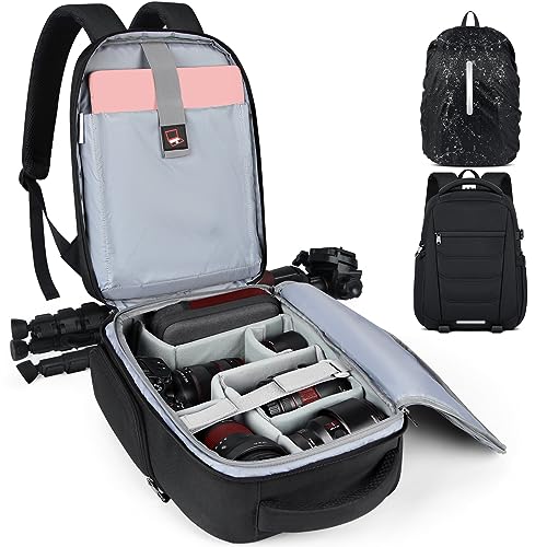 Camera Bag Backpack Professional for DSLR SLR Mirrorless Camera Waterproof Laptop Back Pack 14 Inch with Rain Cover Anti Theft Travel Case Large Capacity Photography Backpack Black