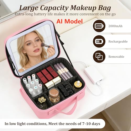 Travel Makeup Bag with Mirror & 6 Adjustable EVA Dividers