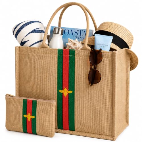 Large Beach Bag Jute Woven Red and Green and Black Stripe