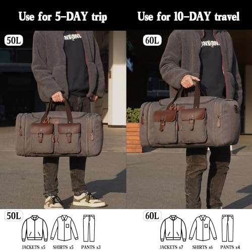 Canvas Duffle Bag for Men 50L Travel Duffel Bags Expandable Genuine Leather Duffel Overnight Weekender Carry On Bag Two Zipper Pockets Travel Bag