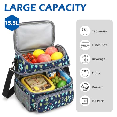 Double Layer Cooler Insulated Lunch Bag Adult Lunch Box Large Tote Bag for Men (Cactus)