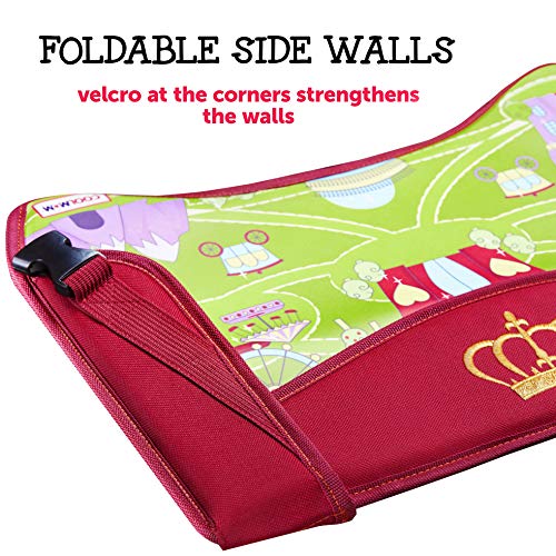 2-in-1 Kids Toddler Travel Tray & Back Seat Organizer — Foldable Waterproof Car Tray with Tablet Holder, Cup Holder, Storage Pockets for Road Trips & Airplane (Premium Red)