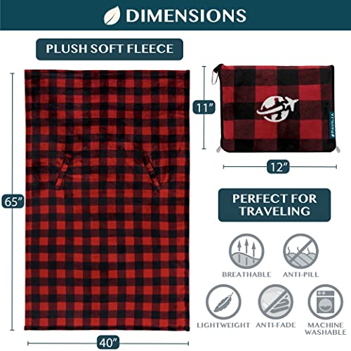 Compact 2-in-1 Travel Blanket Pillow for Airplane, Checkered Red