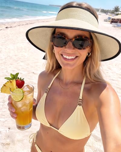 Women's Straw Sun Visor Hat UPF Wide Shade Ponytail Summer Hat