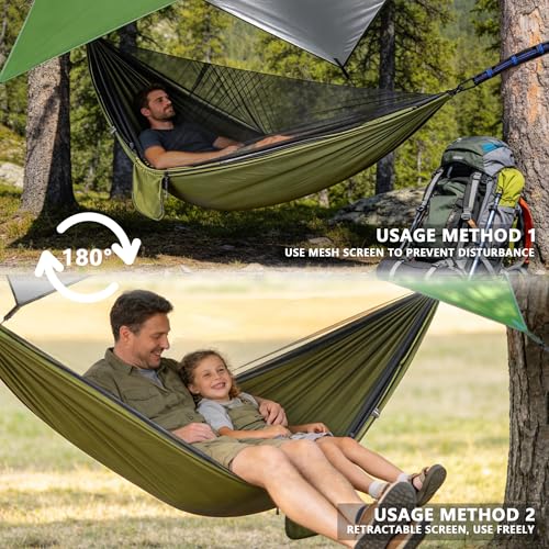 Camping Hammock with Rain Fly Tarp Mosquito Net Heavy Duty Tree Straps Portable Double Parachute Hammock Tent Waterproof Rainfly Set 660lbs Maximum Weight