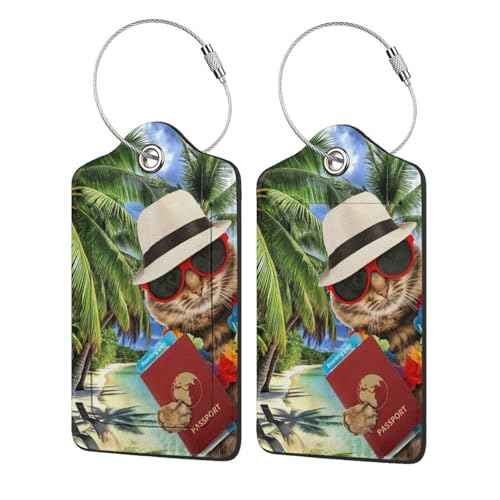 2 Pack Luggage Tags for suitcases Funny Cat TSA Approved Label Luggage Tag Baggage Tag Leather Stainless Steel Loop Label Tag for Men Women Travel Bag Suitcase (2 Count)