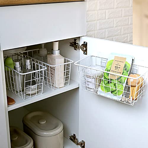 Hanging Kitchen Baskets For Storage Adhesive Sturdy Small Wire Storage Baskets No Drilling Wall Mounted Kitchen Food Pantry Bathroom Shelf Storage (4 Count)