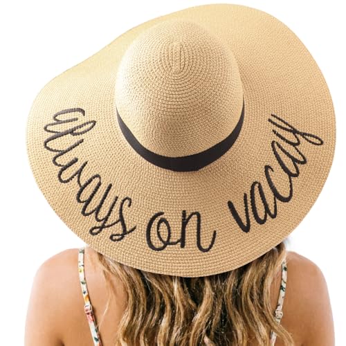 Big Straw Sun Hats for Women Floppy Foldable Roll up Beach Cap Sun Hat UPF 50+ Vacation Honeymoon Embroidered Hat