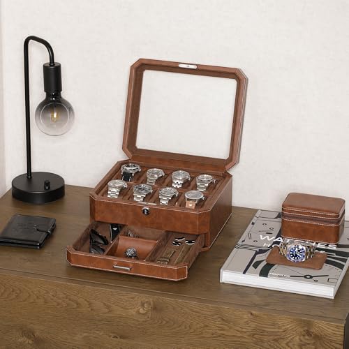 8 Slot Leather Watch Box with Valet Drawer