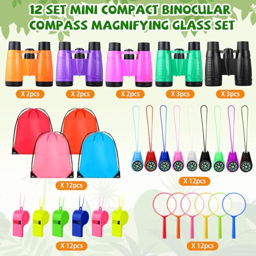 12 Set Binocular Compass Magnifying Glass Set Christmas Birthday Gift Small Telescope Binocular with Whistle Bag for Outdoor Exploring Stocking Stuffer (12 Count)
