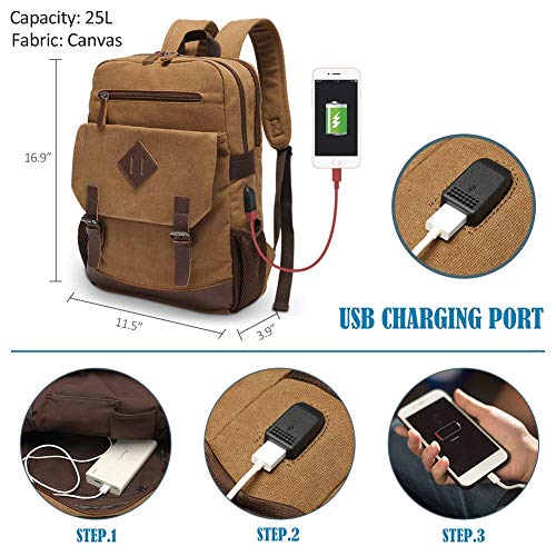 Vintage Canvas Backpack with USB Charging Port