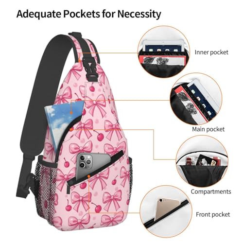 Sling Bag Pink Bows Cherry Hiking Daypack Crossbody Shoulder Backpack Travel Chest Pack for Men Women
