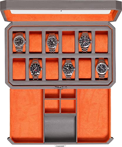 12 Slot Leather Watch Box with Valet Drawer