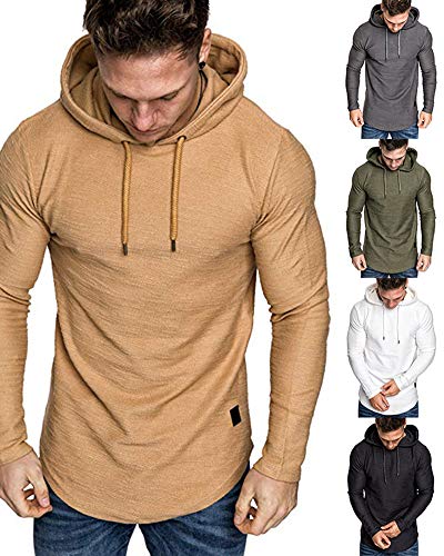 Mens Fashion Athletic Hoodies Sport Sweatshirt Solid Color Fleece Pullover Khaki L