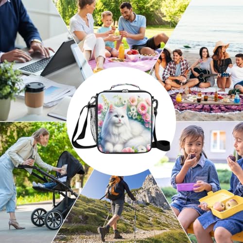 Cat Flower Kids Lunch Box for Girls Boys Reusable Insulated Lunch Bag for Kids Toddler Thermal Cooler Spacious Lunchbox with Shoulder Strap Lunchbag for School Work Picnic (print 12)