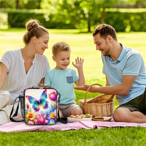Spring Flower Butterfly Kids Lunch Box for Girls Boys Reusable Insulated Lunch Bag for Kids Toddler Thermal Cooler Spacious Lunchbox with Shoulder Strap Lunchbag for School Work Picnic (print 4)