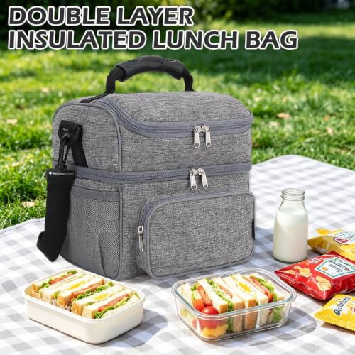 Double Layer Cooler Insulated Lunch Bag Adult Lunch Box Large Tote Bag for Men (Gray)