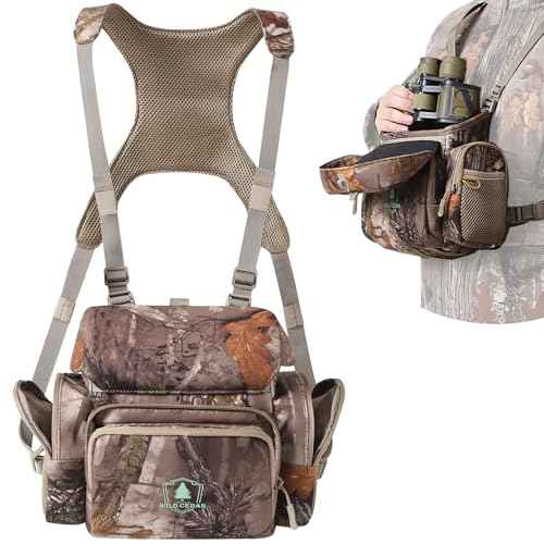 Large Capacity Binocular Chest Pack Bino Harness with Built in Rangefinder Pouch Water Resistant Rain Cover for Hunting