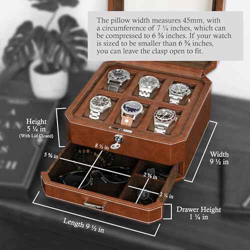 6 Slot Leather Watch Box with Valet Drawer
