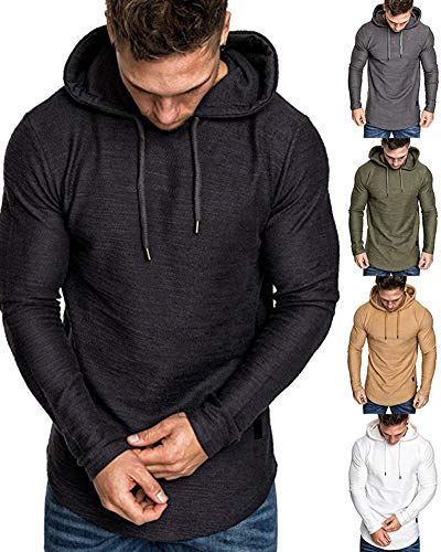 Mens Fashion Athletic Hoodies Sport Sweatshirt Solid Color Fleece Pullover Black 2XL
