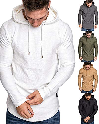 Mens Fashion Athletic Hoodies Sport Sweatshirt Solid Color Fleece Pullover White L