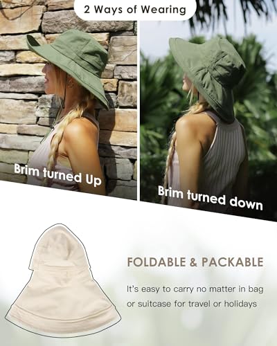 Womens Sun Hat with Ponytail Hole Cotton Shapeable Wide Brim
