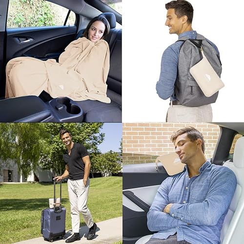 Premium Soft Lightweight Travel Blanket Pillow Pocket Size Beige