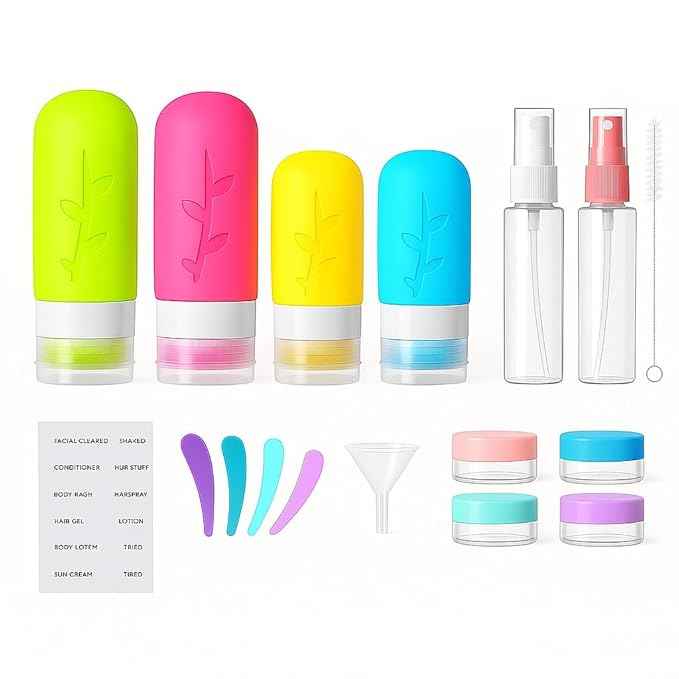 TSA Approved Travel Bottles Set – 18 Piece Leak-Proof Silicone Toiletry Kit with Clear Bag, Refillable Bottles, Jars, Spray Bottle & Accessories for Shampoo, Lotion and Body Wash