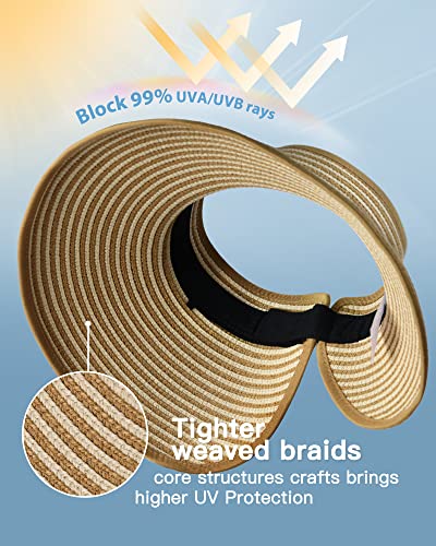 Womens Sun Hat with Ponytail Hole Wide Brim Beach Straw Visor