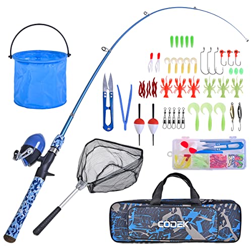 Kids Fishing Pole Set with Full Starter Kits 2 Set Portable Telescopic Fishing Rod and Spincast Reel Cambos with a Fishing Net and 2 Buckets for Boys Girls and Youth
