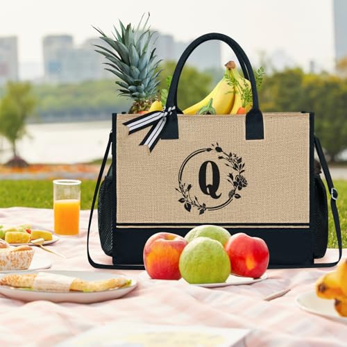 Personalized Initial Jute Tote Bag with 5 Pockets