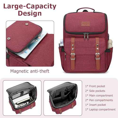 Vintage Backpack Travel Laptop Backpack with usb Charging Port for Women & Men College Backpack Fits 15.6 Inch Laptop Red Brown