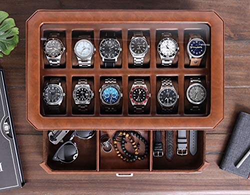 12 Slot Leather Watch Box with Valet Drawer