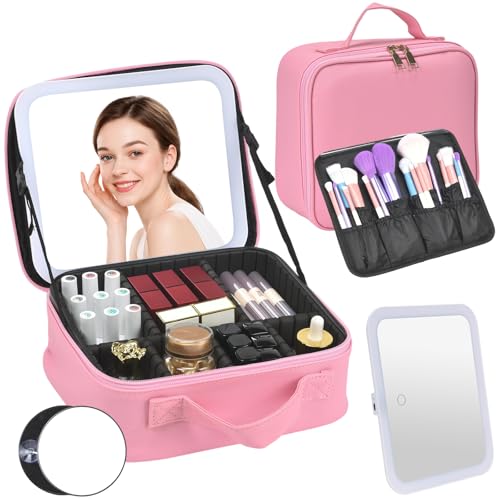 Travel Makeup Bag with Mirror & 6 Adjustable EVA Dividers