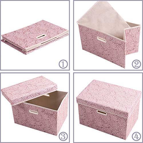 Larger Collapsible Storage Boxes with Lids Fabric Decorative Bins Cubes Organizer Containers Baskets Handles Divider for Bedroom Closet Living Room Pink 17.7x11.8x11.8 Inch 3 Pack (3 Count)