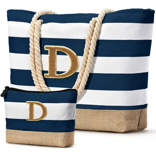 Beach Bag Initial Beach Tote with Makeup Bag for Travel Work Storage Personalized Birthday Gifts for Women Her