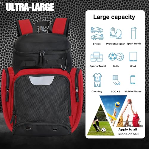 Large Basketball Backpack Sports Gym Bag with Ball Holder Ventilated Shoe Compartment Insulated Cooler Pockets Reflective Strips Fence Hook for Men Athletic Training