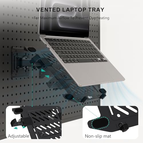 Articulating Pegboard Adjustable Mount for Laptop and Monitor 2 in 1 with Vented Tray